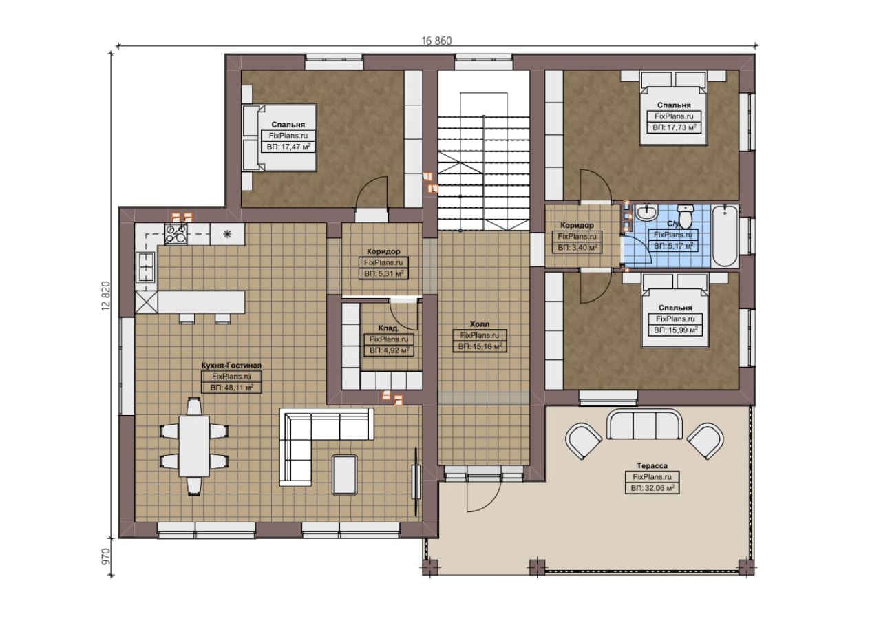 Планировка Одноэтажный дом с мансардой  F - 0818